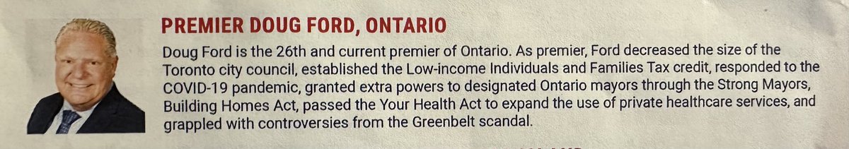 CBCQueensPark's tweet image. Here’s the biography of Premier Doug Ford being handed out to all the reporters here in Boston (in a background document that includes the bios of the other premiers & governors.)
Something tells me Ford’s staff didn’t write it. #onpoli