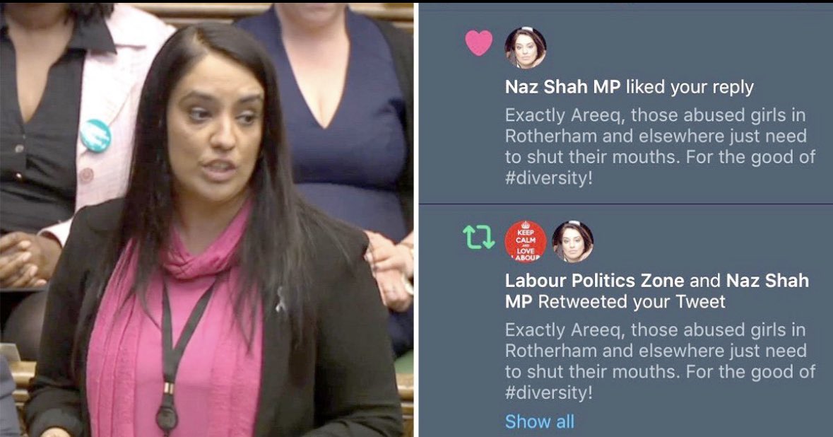 TRobinsonNewEra's tweet photo. Naz Shah, who infamously liked and shared a tweet calling for children being raped by Pakistani, to "shut up for the sake of DIEversity".

Got up during the rape gang debate today to "stand up for Muslims". https://t.co/lg8fFKfV3r