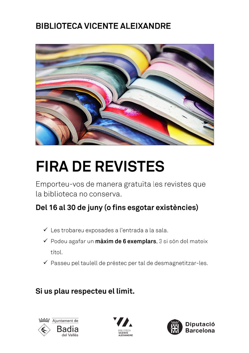 Fira de revistes del 16 al 30 de juny a la biblioteca! No et quedis sense!

#BibliotecaVicenteAleixandre #BibliotecaBadia #BadiaDelVallès #quefemalesbiblios