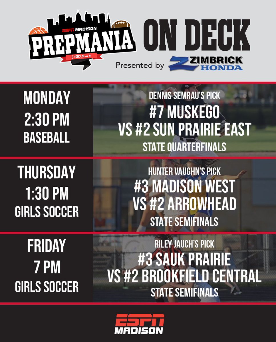 ESPNMadison's tweet photo. ⚾️𝐏𝐫𝐞𝐩𝐌𝐚𝐧𝐢𝐚 𝐎𝐧 𝐃𝐞𝐜𝐤 ⚽️

The chase for state is ON! Check out the CAN'T-MISS games chosen by our PrepMania squad happening this week

#PrepMania | @ZimbrickHonda https://t.co/JGA4N3Nkiv