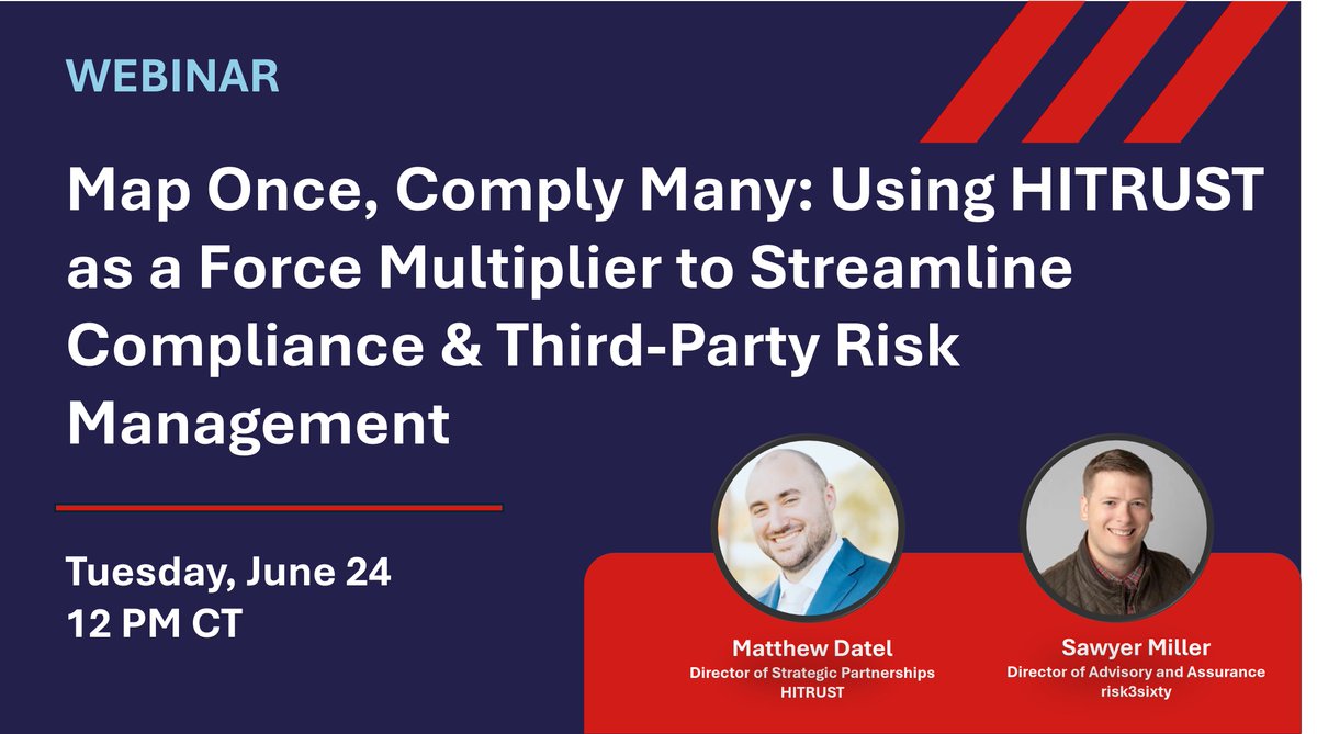 Struggling with multiple audits, overlapping requirements, and third-party risk complexity? There’s a better way. Join us for our upcoming #webinar to discover how HITRUST’s “certify once, report many” model can help you. Secure your spot now. hubs.ly/Q03sdlt40
#compliance