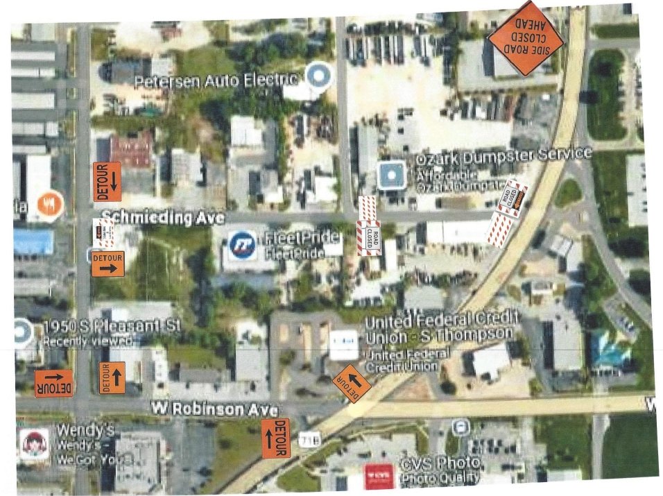 ROAD CLOSURE  Update 
1000 Schmieding Ave will be closed Thursday  06/19/2025 and will reopen until work is complete. See map for details.