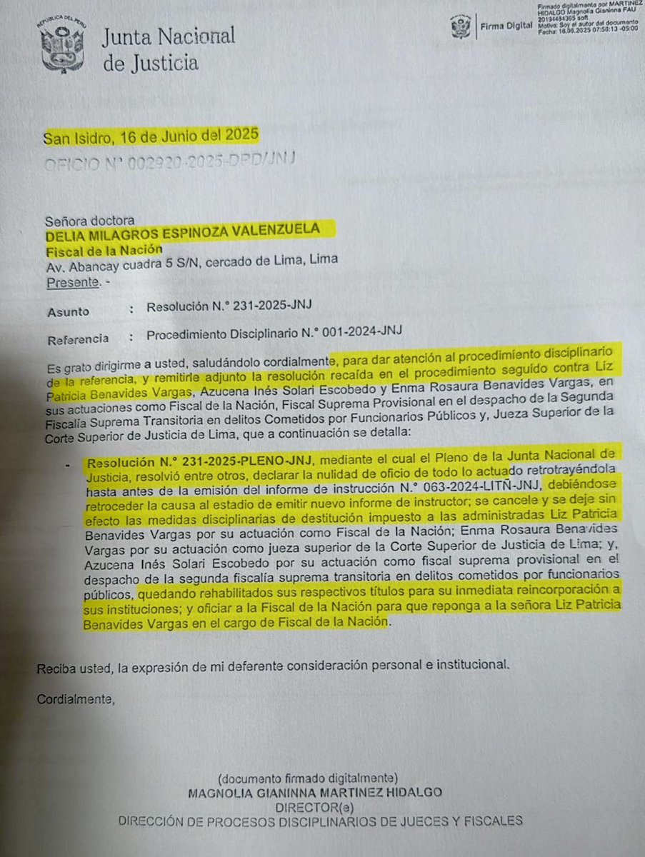 mifave's tweet photo. Quien debe respetar la ley se rehúsa a dejar el cargo siendo ya notificada oficialmente. La @JNJPeru ha enviado a Delia Espinoza la resolución que reincorpora a Patricia Benavides en el cargo de fiscal de la Nación https://t.co/RgrrQuSpXH