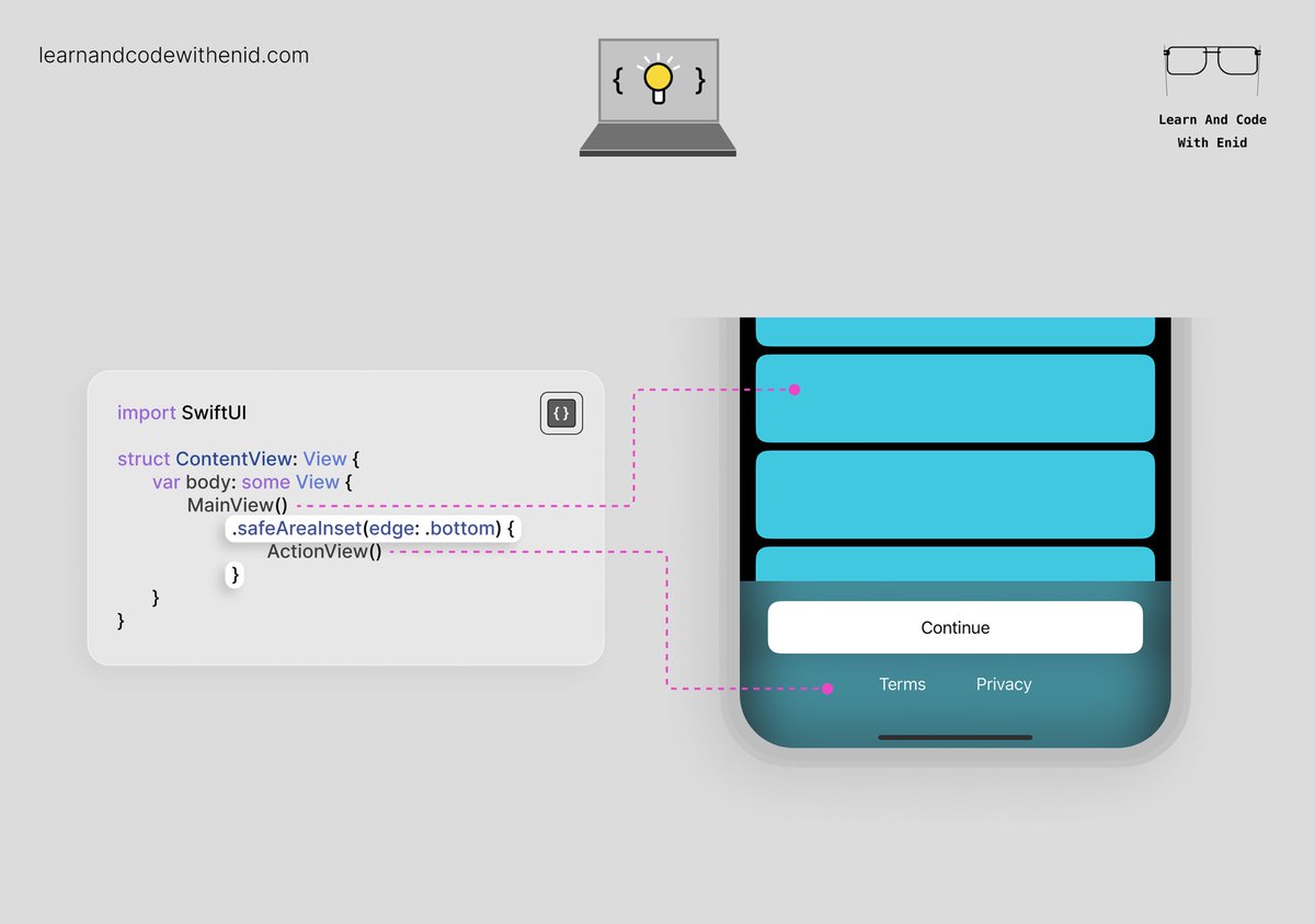 ios_dev_alb's tweet image. SwiftUI Tip 💡

Pin important UI elements like the “Continue” button during onboarding while allowing the main content to scroll, by using the safeAreaInset() modifier.