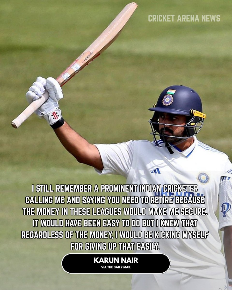 CricketarenaN's tweet photo. Karun Nair opens up about the retirement advice he received from a well-known Indian cricketer during a tough phase in his career.

#KarunNair #TeamIndia #testcricket #ENGvsIND #cricketlovers #cricketreels #cricketnews #cricketfever #cricketer #cricket https://t.co/G9z5vp67uG