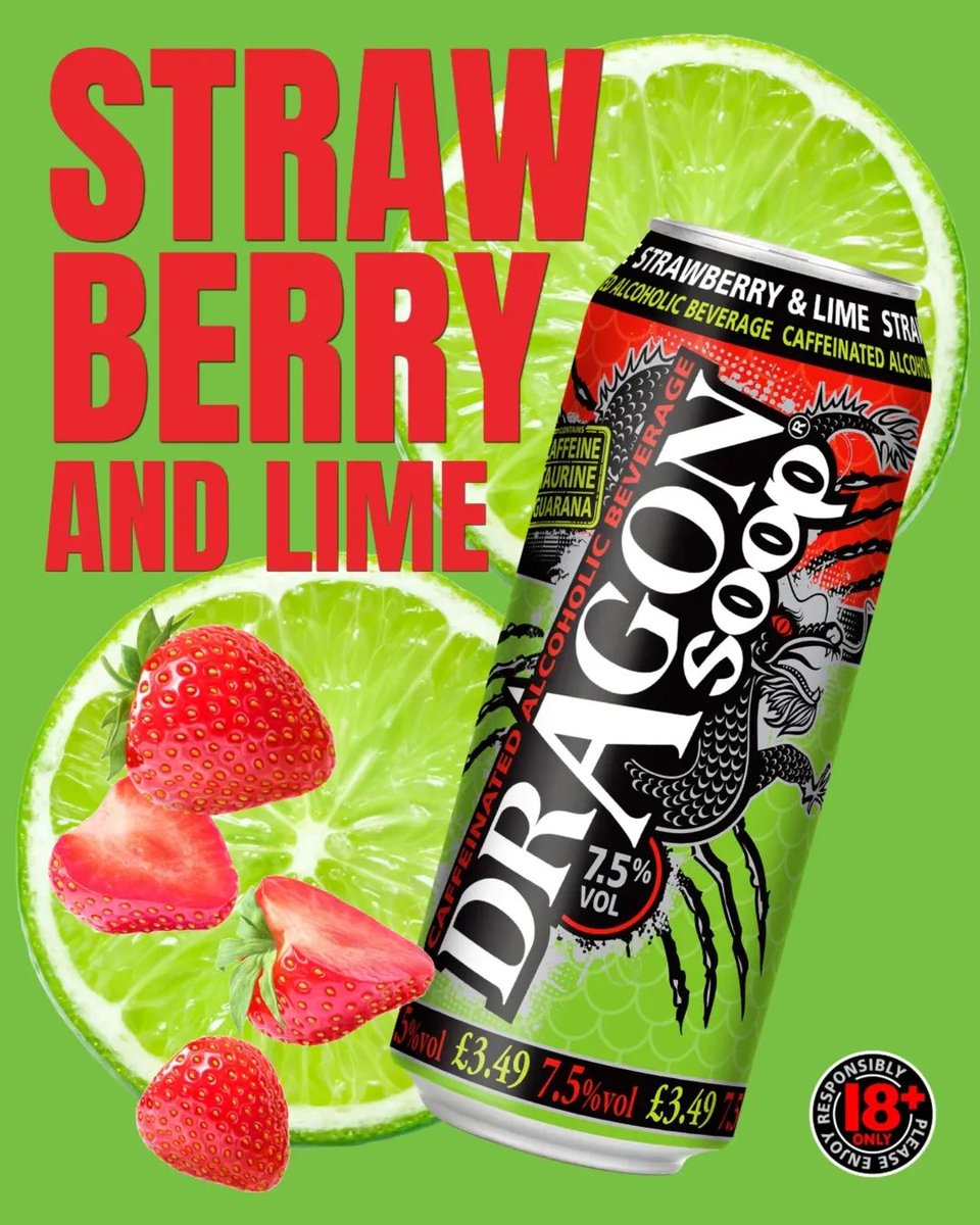 Sipping into the week with a Dragon Soop Strawberry &amp; Lime 😋

dragonsoop.com

7.5% ABV. Contains Caffeine, Taurine &amp; Guarana. 18+ only.

Please enjoy #dragonsoop responsibly