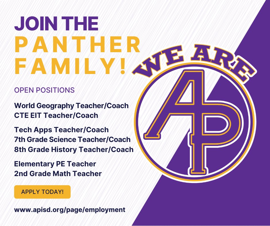 Join the Panther Family! Apply online today at apisd.org/page/employment