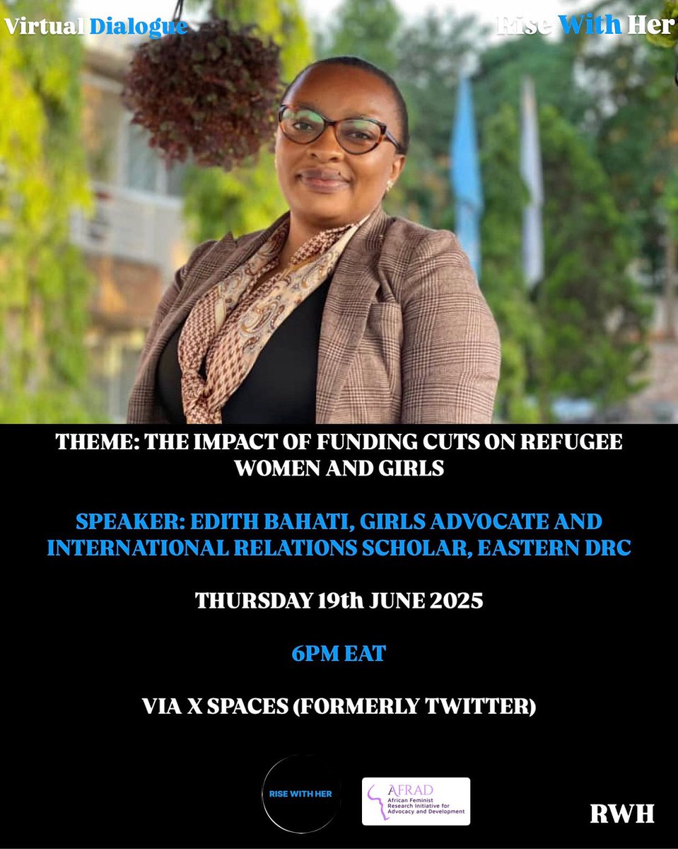 Join us 📣📣📣

Our Speaker Edith Bahati, a Girls Advocate and International Relations Scholar from Eastern DRC will be joining the discussion 🎙️ on how funding cuts are affecting girls, women, and hosting communities across Uganda.