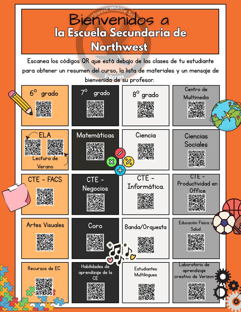 Welcome to Northwest Middle School! We’re excited to kick off the school year with everything you need in one place! Scan the QR codes below for  your student's classes to see a course overview, supply list, and welcome from their teacher! #MiddleSchoolReady #FalconPride