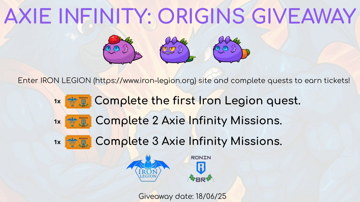 DanibooNft's tweet photo. 🎁 AXIE INFINITY: ORIGINS GIVEAWAY! 🎮
Win one of these 3 Axies! Just complete quests on the Iron Legion platform to earn your tickets 🧩🔥

🔗 Join now: https://t.co/64y41Xz4g7
⏳ Giveaway ends: 18/06/25
#AxieInfinity #Giveaway #Web3Gaming #IronLegion #RoninBR https://t.co/6RMVZPcd2f