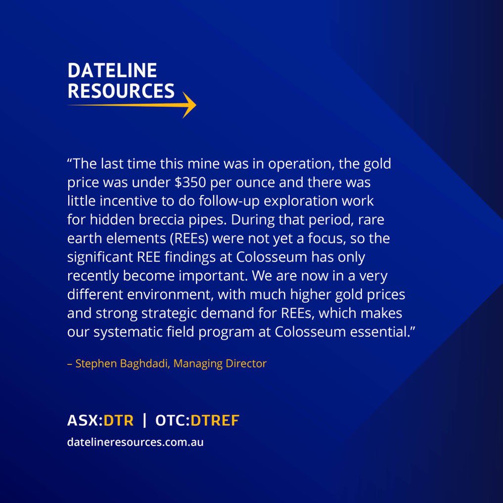 Dear $DTR &amp; $DTREF shareholders, we are advancing Colosseum’s dual #gold + #REE project methodically, and with confidence. Thank you for your support!