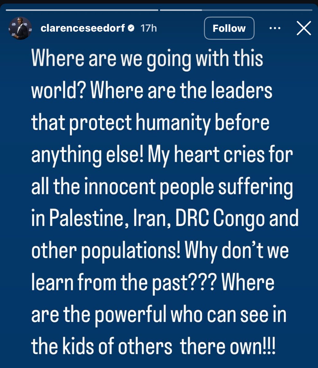 “Where are the leaders that protect humanity before anything else! My heart cries for all the innocent people suffering in Palestine, Iran, DRC Congo and other populations!”

Legendary Dutch midfielder Clarence Seedorf via Instagram.