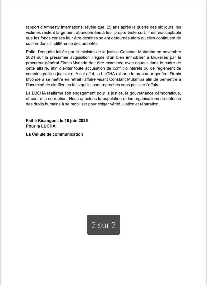 CONSTANT MUTAMBA DOIT DEMISSIONNER, FRIVAO ET FONAREV DOIVENT ÊTRE AUDITÉS.

Notre communiqué à la suite de l'autorisation des poursuites judiciaires contre le ministre de la Justice par l'assemblee nationale ce 15 juin 2025. 👇