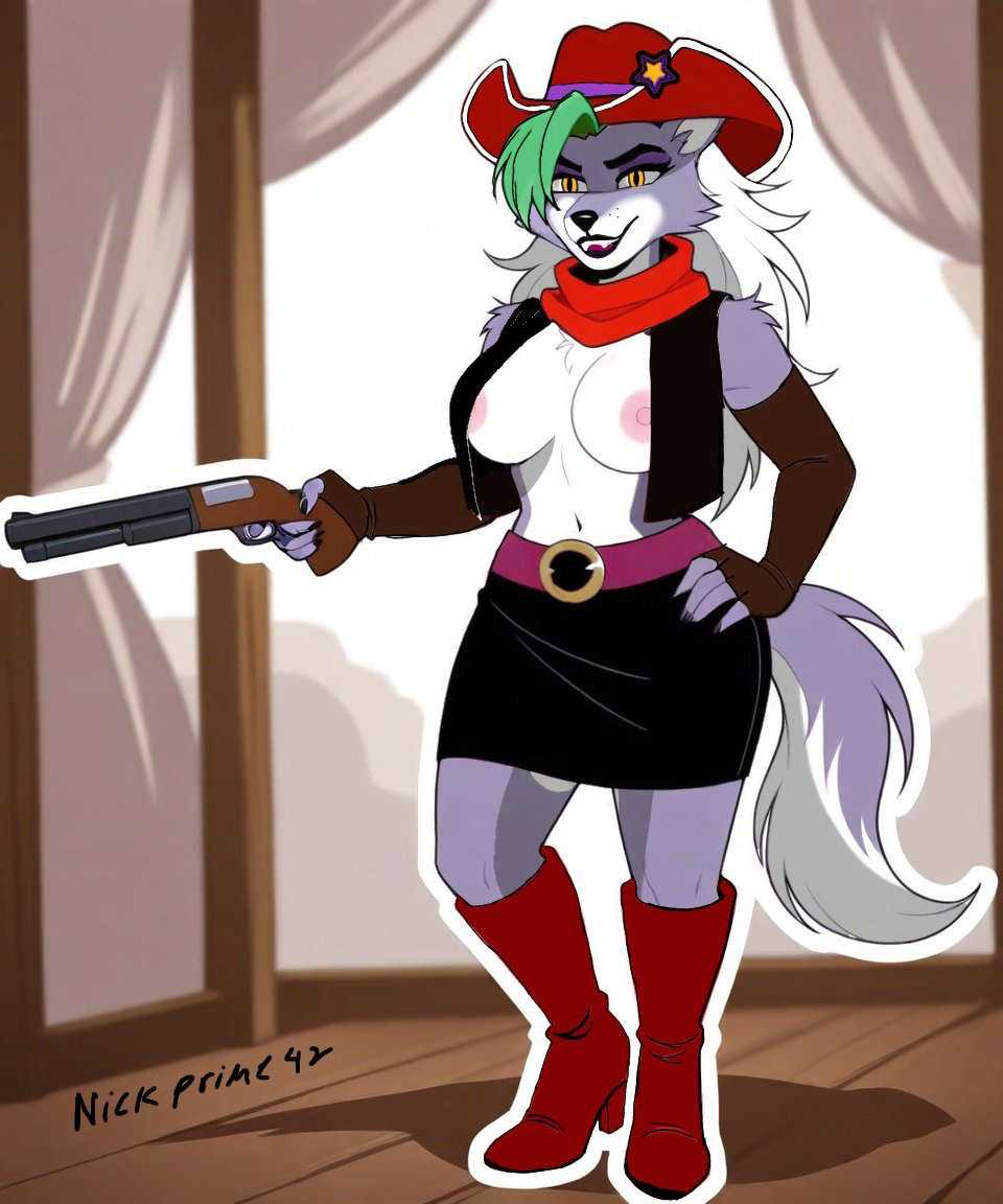 nickprime42's tweet photo. Roxanne wolf al estilo del viejo oeste (basado en el concepto inicial visto en FNAFSOTM)
#fnaf #FiveNightsAtFreeddys #FNAFSOTM #roxannewolf #furryartist #furrygirl https://t.co/Mo04GLgTNg