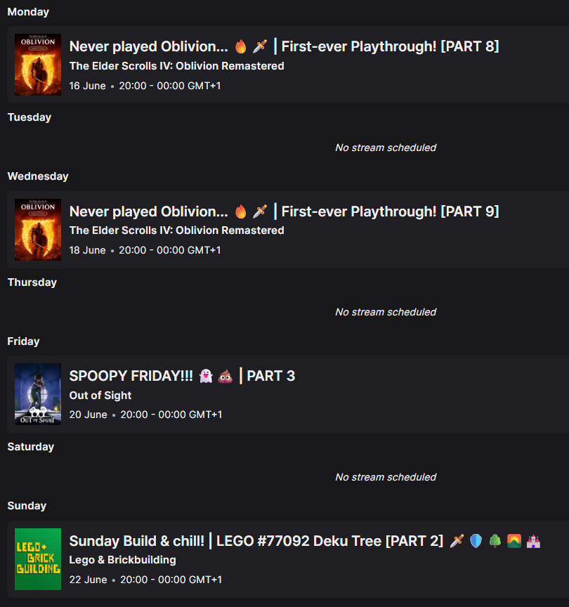 Here is this week's stream schedule! 🥳

For your local timezone, check twitch.tv/krazeyhazey/sc…

Looking forward to returning to #OblivionRemastered  TONIGHT! 
See you then! 😃

#Twitch #gaming