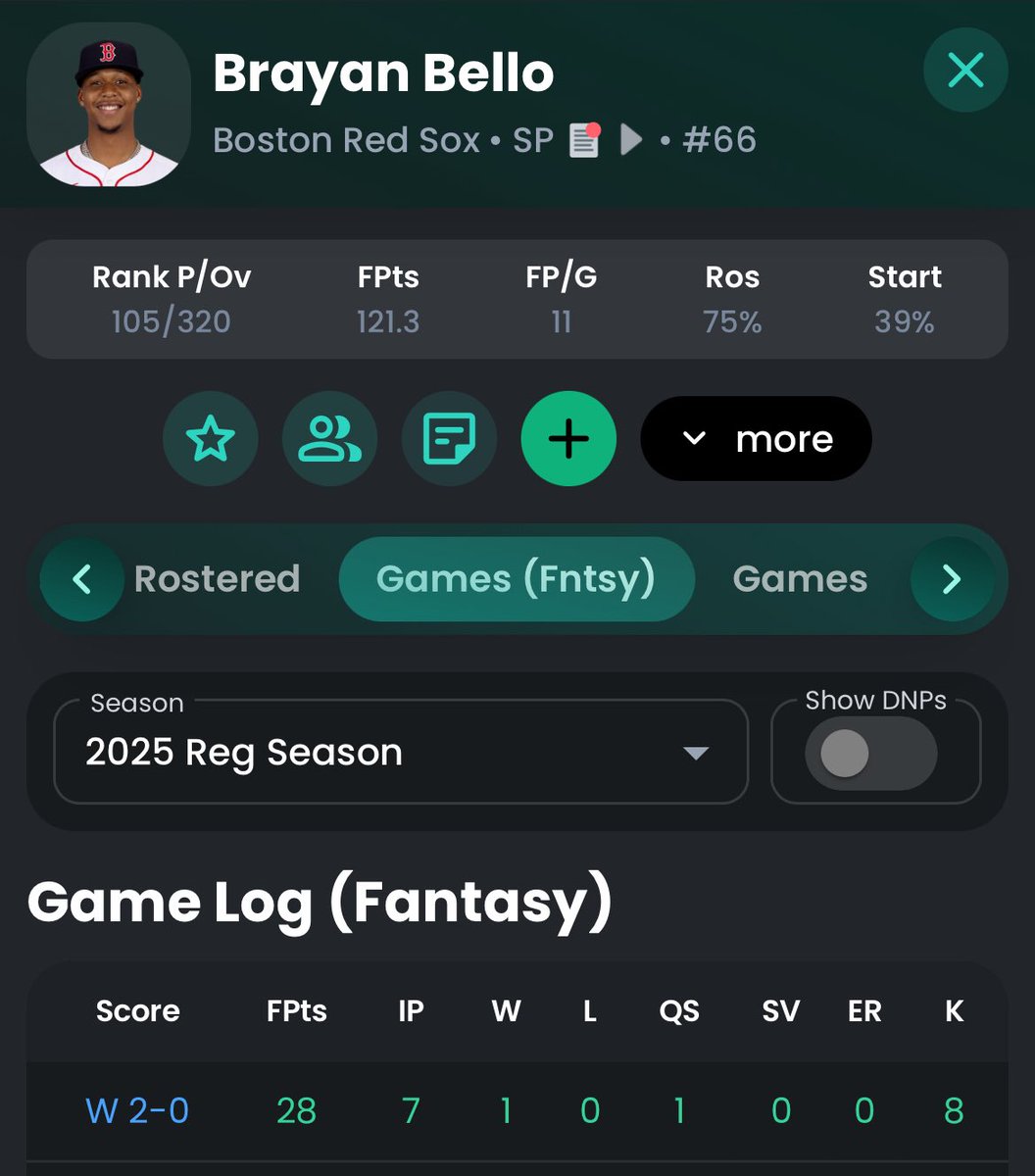 0 ER, 8 K, W 

Solid Fantasy Baseball performance yesterday for Bello 

#fantasybaseball #mlb
