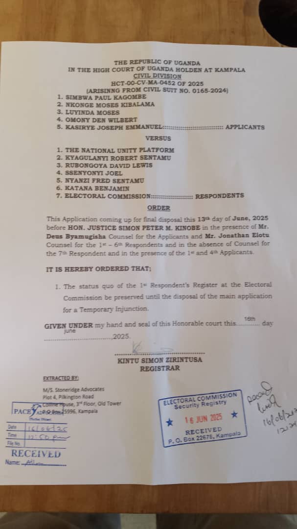 Red Pepper Uganda (@redpepperug) on Twitter photo #PepperUpdatesUG
Court has ordered <a href="/UgandaEC/">The Electoral Commission - Uganda</a> not to add anything to the National Unity Platform <a href="/NUP_Ug/">National Unity Platform</a> political party register at the Electoral commission registry until further notice. #PepperUpdatesUG
Court has ordered <a href="/UgandaEC/">The Electoral Commission - Uganda</a> not to add anything to the National Unity Platform <a href="/NUP_Ug/">National Unity Platform</a> political party register at the Electoral commission registry until further notice.