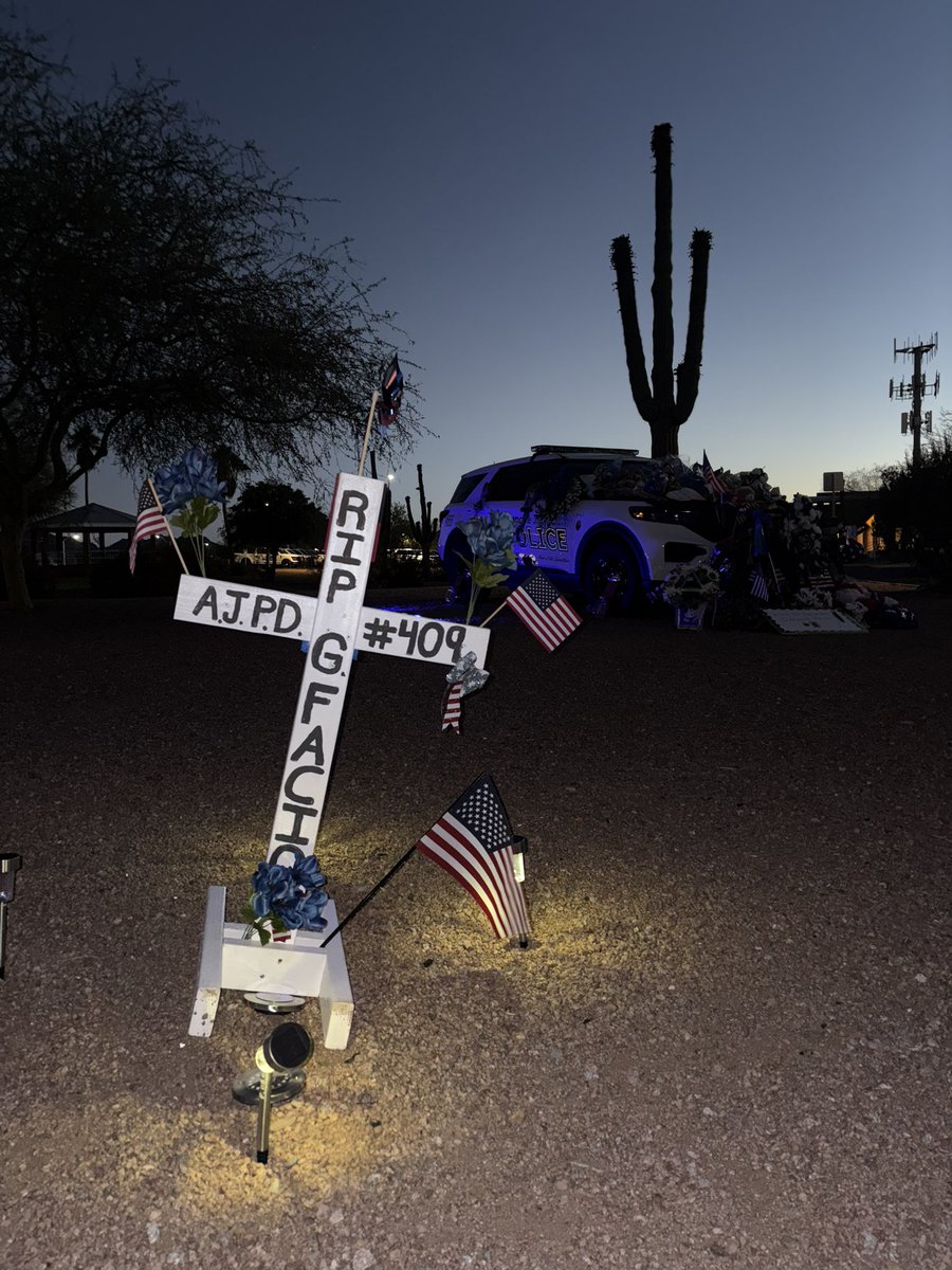 mrtroylynch's tweet image. Today is Apache Junction Police officer Gabriel Facio’s procession and funeral. The procession starts at 7:45am here at AJ Police Department where you can see there are multiple tributes to officer Facio who was killed in the line of duty. @12News