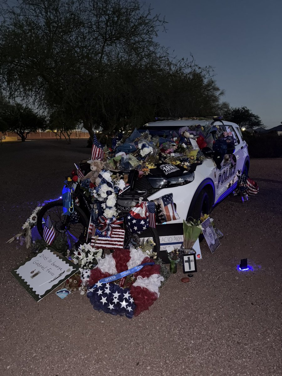 mrtroylynch's tweet image. Today is Apache Junction Police officer Gabriel Facio’s procession and funeral. The procession starts at 7:45am here at AJ Police Department where you can see there are multiple tributes to officer Facio who was killed in the line of duty. @12News