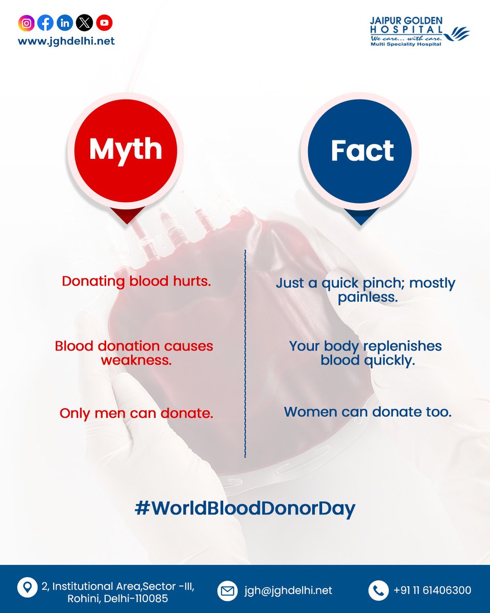Don't let myths hold you back!
This #WorldBloodDonorDay, let’s set the record straight:
• Donating doesn’t hurt much — just a small pinch.
• It doesn’t make you weak — your body replenishes quickly.
• And yes, women can donate too.

#WorldBloodDonorDay #DonateBloodSaveLives
