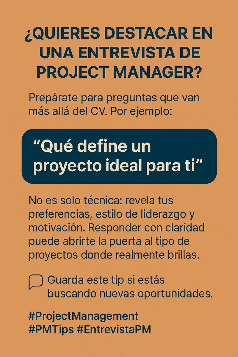 DataSe0's tweet image. ¿Tu proyecto ideal? Pregunta clave en entrevistas PM. No inventes: muestra tu estilo, lo que te motiva y cómo generas impacto. #ProjectManagement