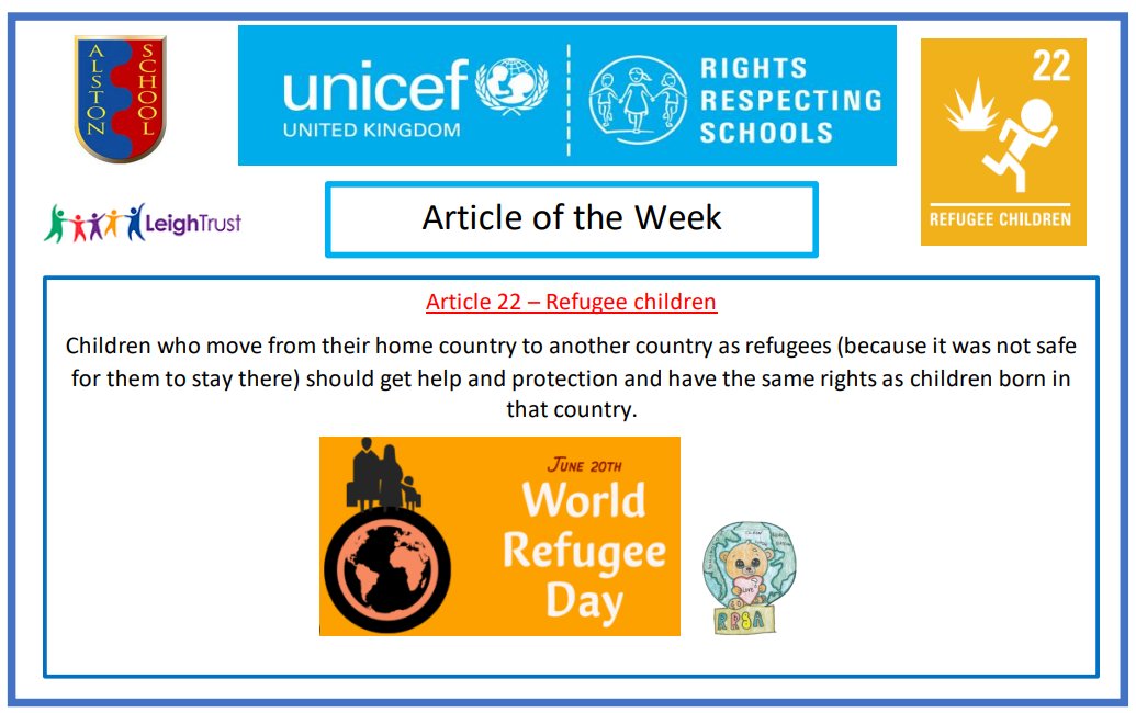 alstonprimaryb9's tweet photo. This week's Article of the Week is #article22 - Refugee Children. #RRSA @UNICEF_uk https://t.co/BLkoJj7FQF