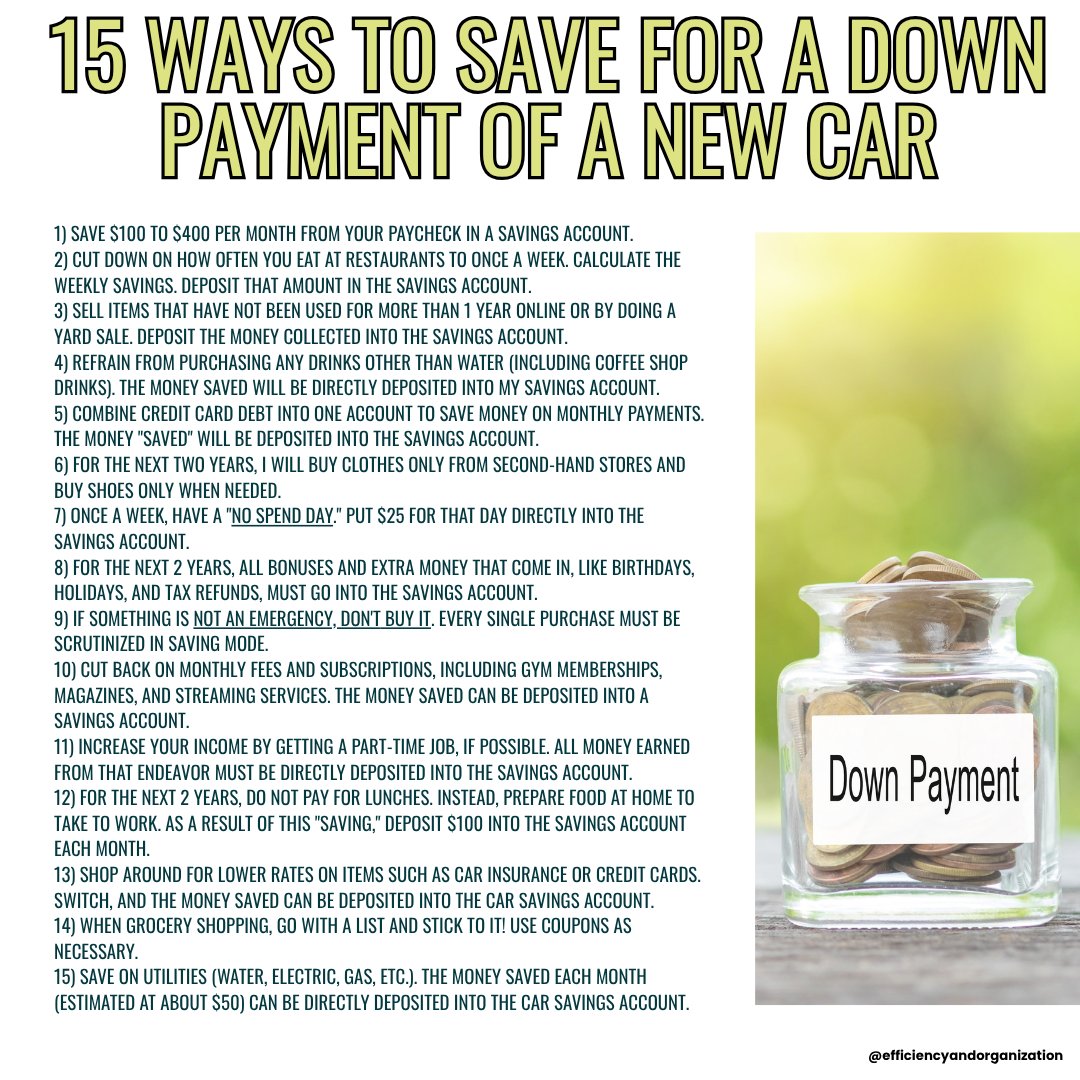 DrRHernandez's tweet image. The more we can put down and not have to finance the purchase of a new car, the lower the monthly payments can be.  Plus, interest rate will be lower.
Get specific tips on how to save for a new car from this post:  efficiencyandorganization.com/f/how-to-save-…

#downpayment #savingmoney #savemoney