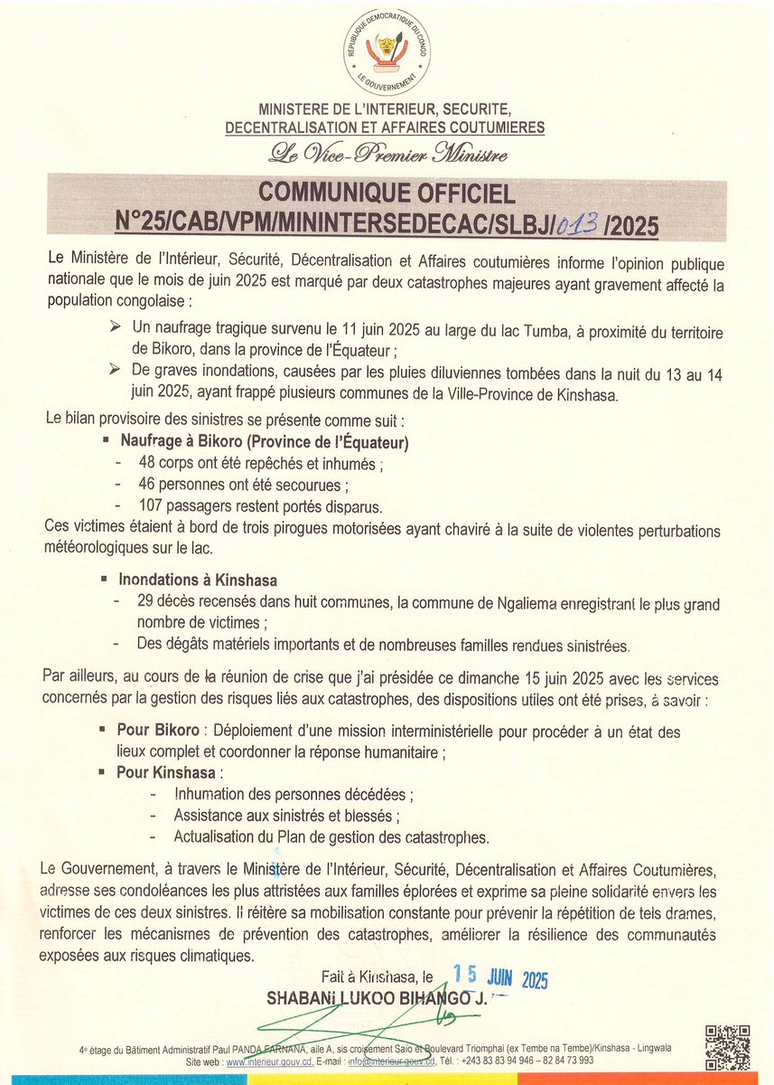 Communiqué Officiel

Le Gouvernement, à travers le Ministère de l'Intérieur, Sécurité, Décentralisation et Affaires Coutumières, adresse ses condoléances les plus attristées aux familles éplorées et exprime sa pleine solidarité envers les victimes de ces deux sinistres.⤵️