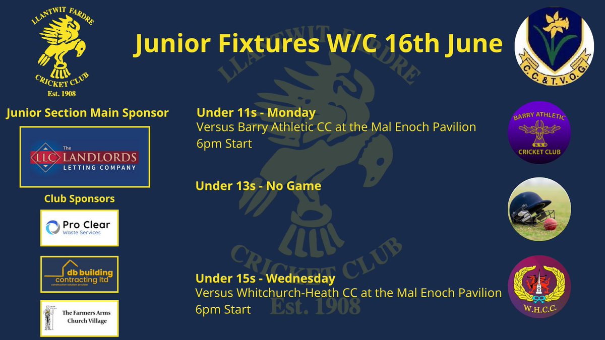 Llantwit Fardre Cricket Club (@fardrecc) on Twitter photo We have 2 junior sides in action this week. Our U11s host <a href="/BarryAthletic/">Barry Athletic Cricket Club 🦌</a>, whilst our U15s take on <a href="/wh_cc/">Whitchurch Heath CC 🏏</a>. We have 2 junior sides in action this week. Our U11s host <a href="/BarryAthletic/">Barry Athletic Cricket Club 🦌</a>, whilst our U15s take on <a href="/wh_cc/">Whitchurch Heath CC 🏏</a>.