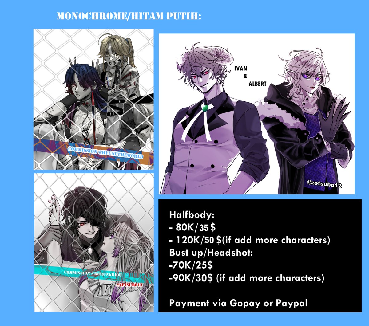zetsubo12's tweet image. open commission price (simple coloring & monochrome) inter and local (indo 🇮🇩)
fixing the price again in bnw prices for inter.
reshare appreciate 🙏🙏
