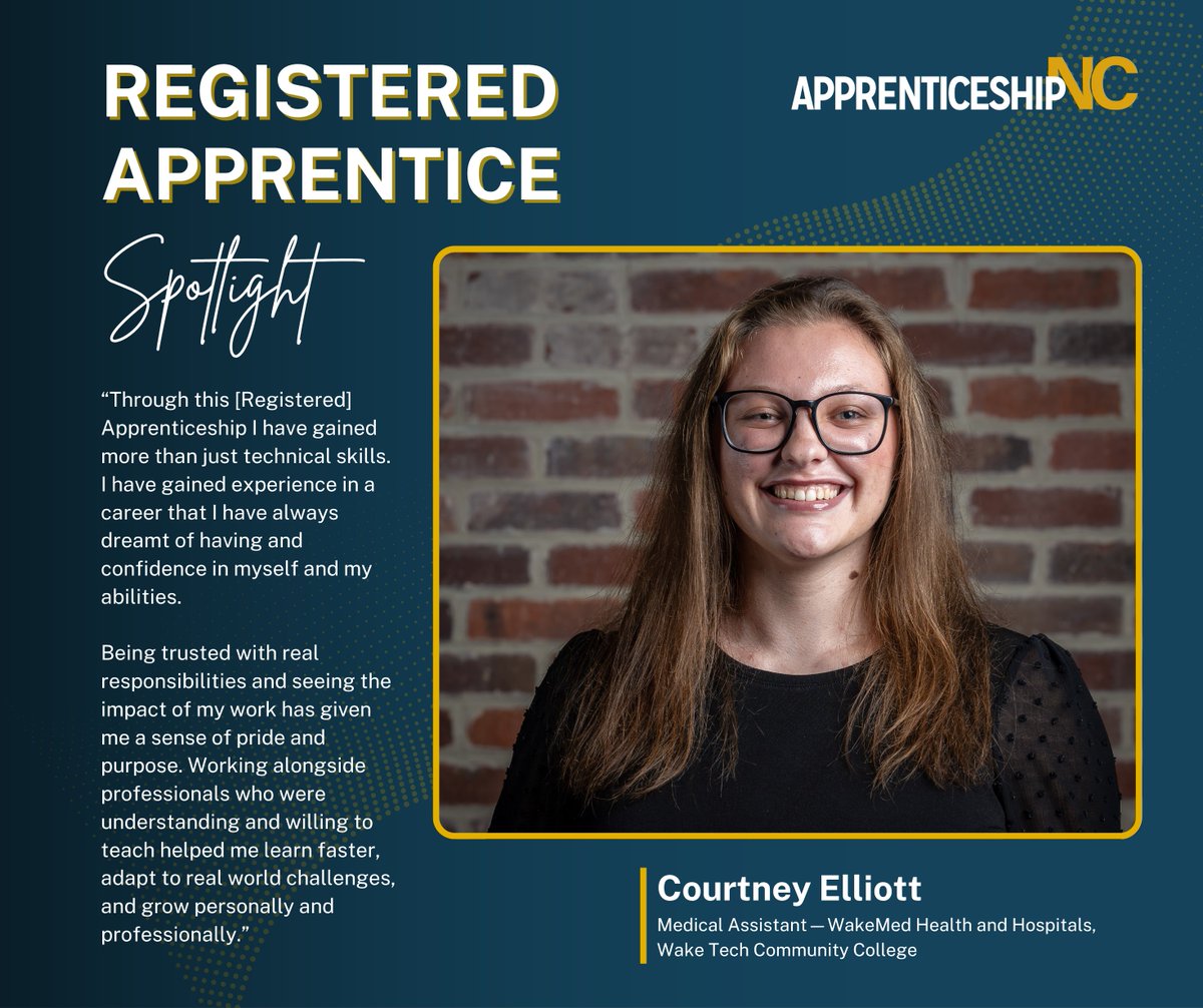 WakeMed (@wakemed) on Twitter photo Congratulations to Courtney Elliott for being recognized as the recent Registered Apprentice Spotlight! 
π
βThis way of learning is especially beneficial to me as it helps solidify the concepts taught in class and makes the things I learn easier to remember.β
<a href="/waketechcc/">Wake Tech</a> Congratulations to Courtney Elliott for being recognized as the recent Registered Apprentice Spotlight! 
π
βThis way of learning is especially beneficial to me as it helps solidify the concepts taught in class and makes the things I learn easier to remember.β
<a href="/waketechcc/">Wake Tech</a>