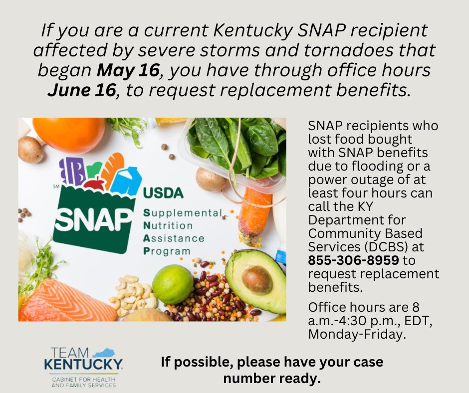 Ky. SNAP Families: Applications for replacement benefits are being accepted through office hours today, Monday, June 16, the final day to apply 💙  Call DCBS at 855-306-8959. Office hours are 8 a.m.–4:30 p.m., EDT. #TeamKentucky