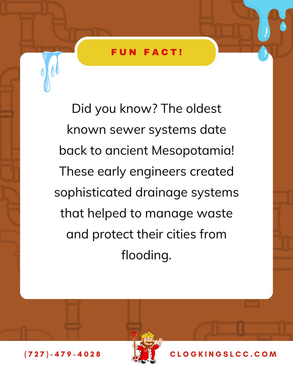 ClogKings's tweet photo. Fun Fact Wednesday!

#FreeEstimate at https://t.co/EqW8idHzGu or call 727-479-4028.

Trust Clog Kings to bring ancient wisdom and modern expertise to your plumbing needs! 🛠️

#FunFactFriday #PlumbingHistory #AncientEngineering #SewerSystems #PlumbingExperts #ReliableService https://t.co/kAjdZ6vV1g
