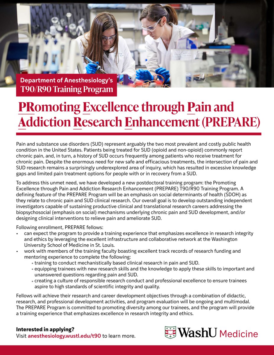 Chronic pain and substance use disorders are deeply intertwined, yet research is limited. The PREPARE T90/R90 Training Program, led by @painburel, offers $3M in NIH funding to train scholars tackling these challenges. Apply today: anesthesiology.wustl.edu/research/train…