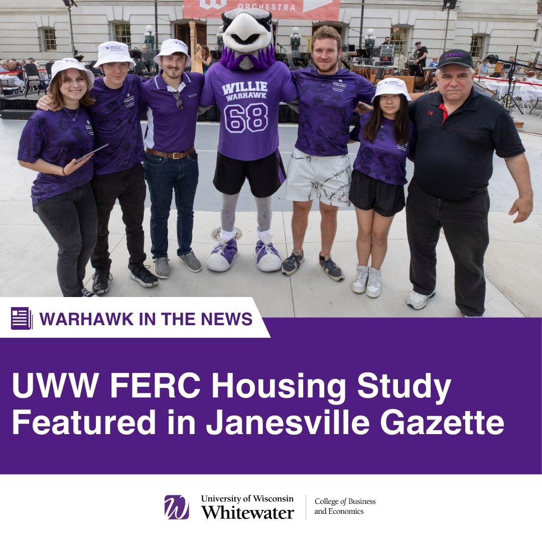 UWW FERC, directed by Russ Kashian, professor of economics, was highlighted in a recent Janesville Gazette article after conducting a housing study that was presented at a recent meeting attended by Janesville’s community and business leaders.

Read here: ow.ly/f0MB50VWqcj