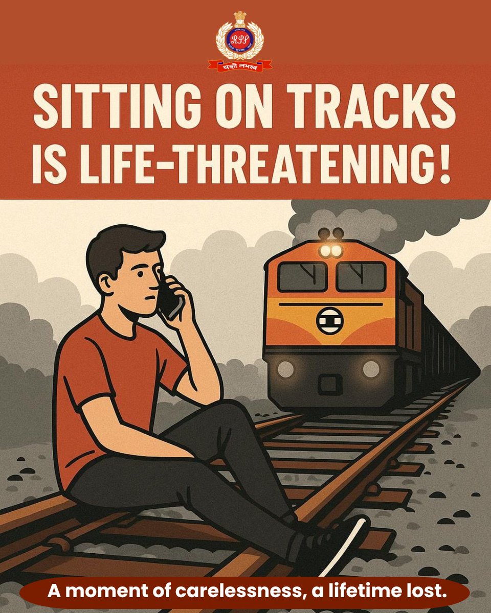 DRM_DDU's tweet image. 📵 रेलवे ट्रैक पर बैठकर फोन पर बात करना ?
🚫 यह खतरनाक है, गैर-जिम्मेदाराना है और रेलवे एक्ट के तहत दंडनीय अपराध है।

#SafetyFirst
#StayOffTheTracks #RailwaySafety #ThinkBeforeYouSit