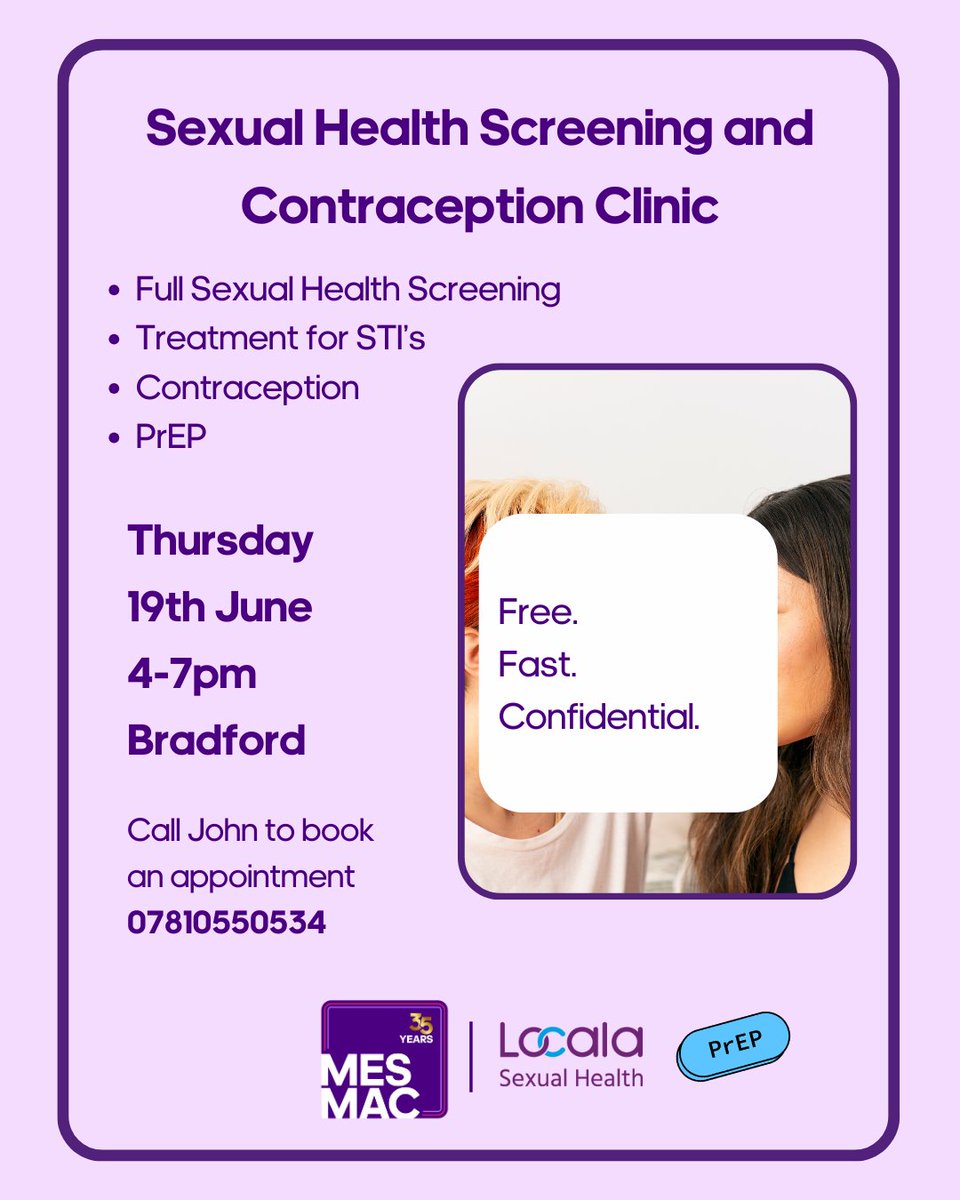 THIS WEEK! Appointments available for our joint clinic with @locala_safesex

Get tested for Gonorrhoea, Chlamydia, HIV and Syphilis! 
Access PrEP and contraceptives.

Call John to book an appointment:
📞 07810 550 534

#PreP #sexualhealth #lgbtq #bradford
