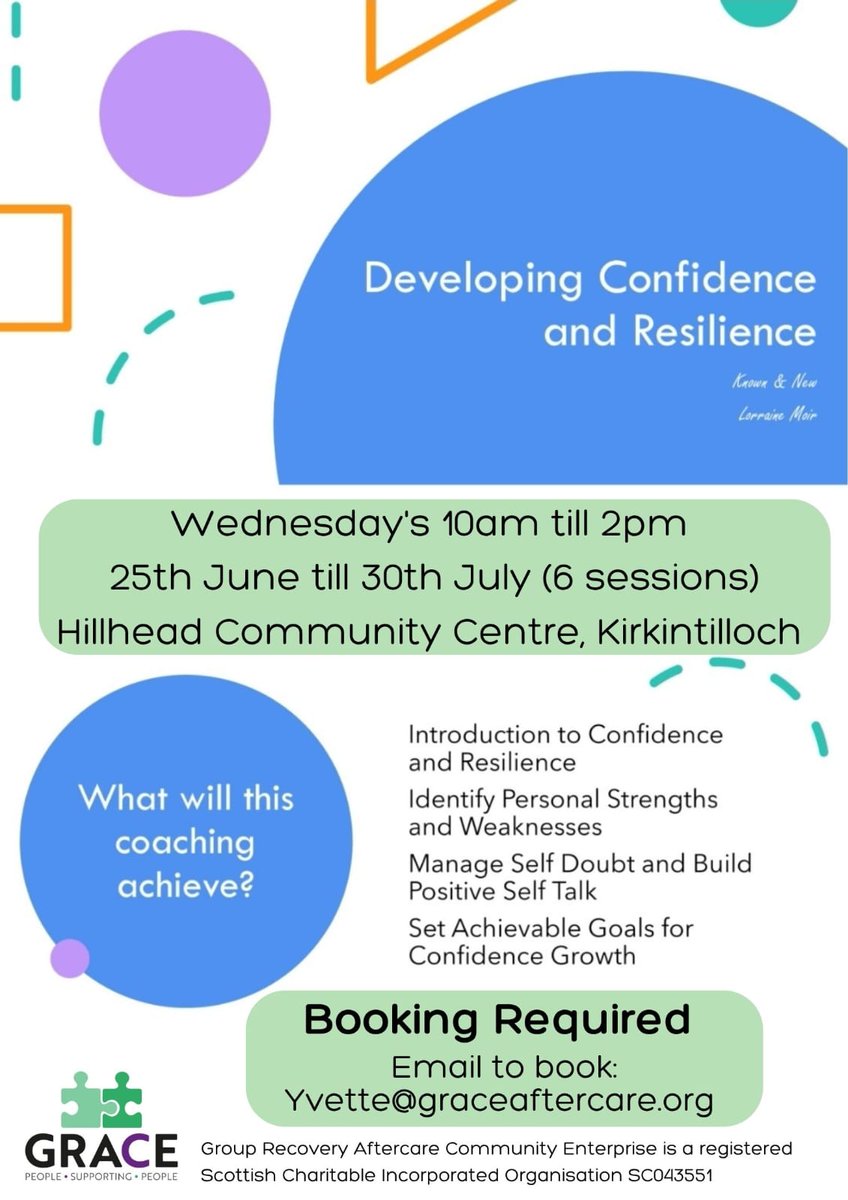 Boost your confidence 💪 Build resilience 💥

Join GRACE’s free 6-week course in Kirkintilloch, starting 25 June – led by Kanna &amp; Nea Lorraine Muir!

📍 Hillhead Centre
🗓️ Wed 10am–2pm
📧 Book: Yvette@graceaftercare.org

#GRACEAftercare #Confidence #Resilience #Kirkintilloch