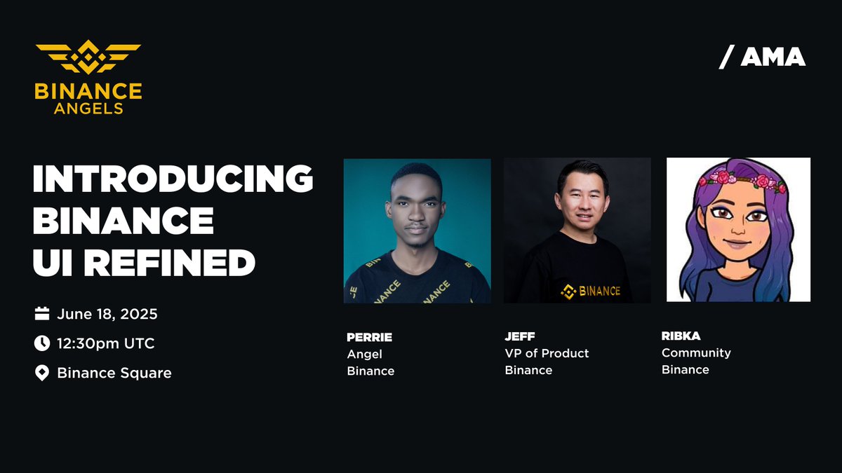 Join us for an AMA with Jeff Li, VP of Product at Binance, as we explore the brand-new UI/UX, smarter, faster, and built just for you!

🗓️ 18 June 2025
⏰ 12:30 PM UTC
📍 Binance Square binance.com/en/square/audi…

We’re giving away $200 in USDC to 40 users who share a screenshot of