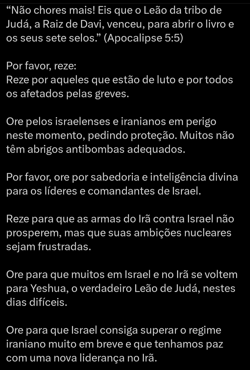 Isaac 🇧🇷✝️🇮🇱✝️🇮🇷✝️🇵🇸 (@isaacffaria) on Twitter photo Não sabe como orar em meio a esse conflito entre Israel e Irã?
Sigam essas recomendações do <a href="/oneforisrael/">ONE FOR ISRAEL Ministry</a> .
O mais importante: Jesus é a verdadeira paz que o Oriente Médio precisa! Não sabe como orar em meio a esse conflito entre Israel e Irã?
Sigam essas recomendações do <a href="/oneforisrael/">ONE FOR ISRAEL Ministry</a> .
O mais importante: Jesus é a verdadeira paz que o Oriente Médio precisa!