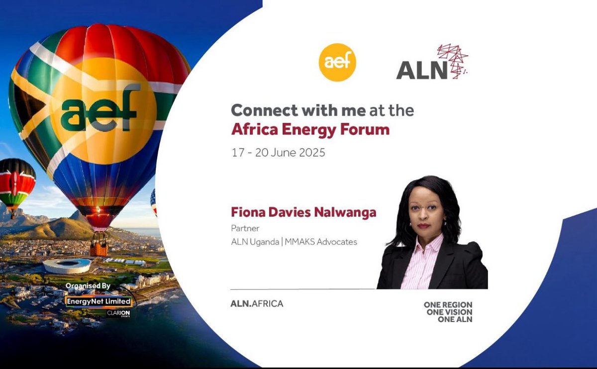 MMAKS_Advocates's tweet photo. 🌍 #AEF2025 | 𝗖𝗼𝘂𝗻𝘁𝗿𝘆 𝗙𝗼𝗰𝘂𝘀: 𝗨𝗴𝗮𝗻𝗱𝗮

Uganda's energy sector is undergoing a significant transformation, with a strong focus on expanding access, diversifying the generation mix, and integrating renewable sources. There is rising investment interest in on-grid and off-grid solar, wind, and geothermal energy, as Uganda moves toward a more sustainable and inclusive energy future.

Catch up with our Partner @FionaMagona during the Africa Energy Forum organised by EnergyNet Ltd. from 17 - 20 June in Cape Town, South Africa and let’s explore the complexities of Uganda’s energy landscape and unlock the wealth of investment opportunities it offers

> Read more about Uganda's energy landscape here: https://t.co/3MBmWzECoP

> Discover more about ALN’s sponsorship and participation at AEF 2025🔗https://t.co/v1AC91y1Rr

MMAKS Advocates | ALN Uganda #AEF2025 #AfricaUnited #RenewableEnergy #EnergyProjects #EnergyAccess #Uganda #EastAfrica #PoweringAfrica #OneALN