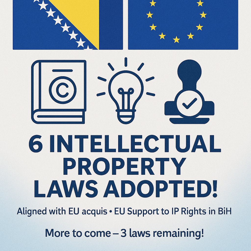 Borjana Krišto (@kristoborjana) on Twitter photo Today, the <a href="/Vijeceministara/">Vijeće ministara BiH</a> 🇧🇦 adopted 6️⃣ intellectual property laws aligned with the 🇪🇺 acquis. These laws are part of the EU-funded project “EU Support to IP Rights in BiH,” which prepared 9 draft laws in total. The remaining 3 will also be adopted soon. <a href="/eubih/">EU in Bosnia and Herzegovina</a> <a href="/EUCouncil/">EU Council</a> Today, the <a href="/Vijeceministara/">Vijeće ministara BiH</a> 🇧🇦 adopted 6️⃣ intellectual property laws aligned with the 🇪🇺 acquis. These laws are part of the EU-funded project “EU Support to IP Rights in BiH,” which prepared 9 draft laws in total. The remaining 3 will also be adopted soon. <a href="/eubih/">EU in Bosnia and Herzegovina</a> <a href="/EUCouncil/">EU Council</a>
