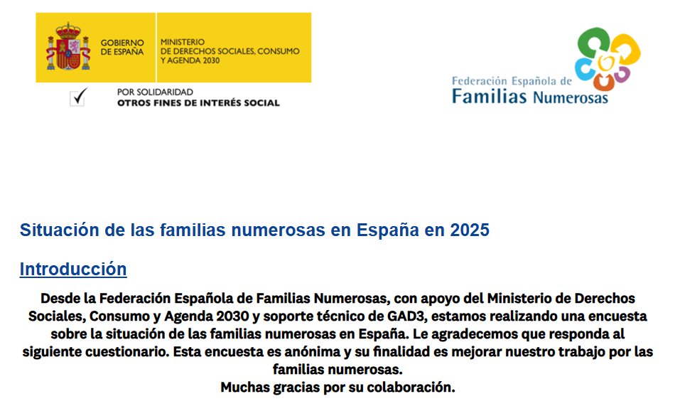 Os pedimos que dediquéis unos minutos a rellenar la nueva encuesta sobre las #familiasnumerosas, organizada por <a href="/FamNumerosas/">Federación Española de Familias Numerosas (FEFN)</a>. ¡Ya sabéis lo importante que es conocer vuestra opinión! mailchi.mp/e72865bf82ff/e…