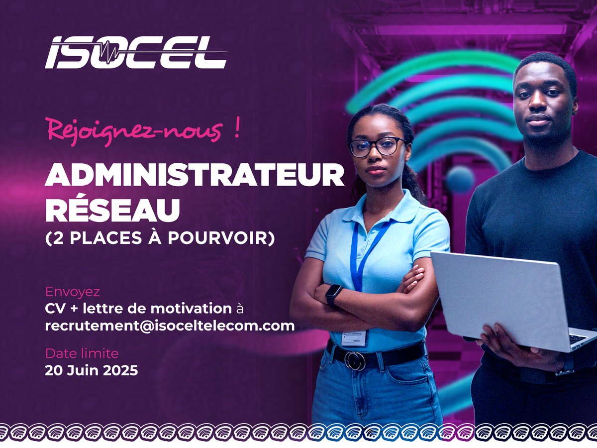 ISOCEL - Ici C'est La Fibre (@isoceltelecom) on Twitter photo 📢 ISOCEL recrute 2 Administrateurs Réseau pour son NOC à Cotonou.
Rejoignez une équipe stratégique qui veille à garantir 99,999 % de disponibilité réseau.
📩 Au plus tard 20 juin : recrutement@isoceltelecom.com
🔗 Détails : isoceltelecom.com/offres-emploi/…
#ISOCEL #Recrutement #Emploi 📢 ISOCEL recrute 2 Administrateurs Réseau pour son NOC à Cotonou.
Rejoignez une équipe stratégique qui veille à garantir 99,999 % de disponibilité réseau.
📩 Au plus tard 20 juin : recrutement@isoceltelecom.com
🔗 Détails : isoceltelecom.com/offres-emploi/…
#ISOCEL #Recrutement #Emploi