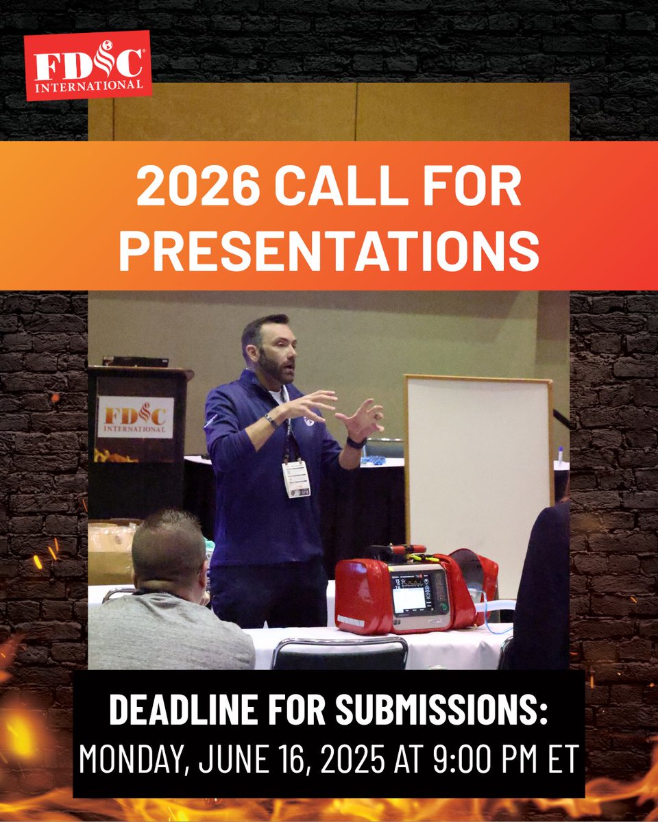 📢Today is the last day to submit for proposals for FDIC 2026!

Don't miss your change to inspire and educate fire &amp; rescue service professionals! Apply by 9:00 PM ET today.

Learn more and submit your proposal here: ow.ly/jpb650W5xzr