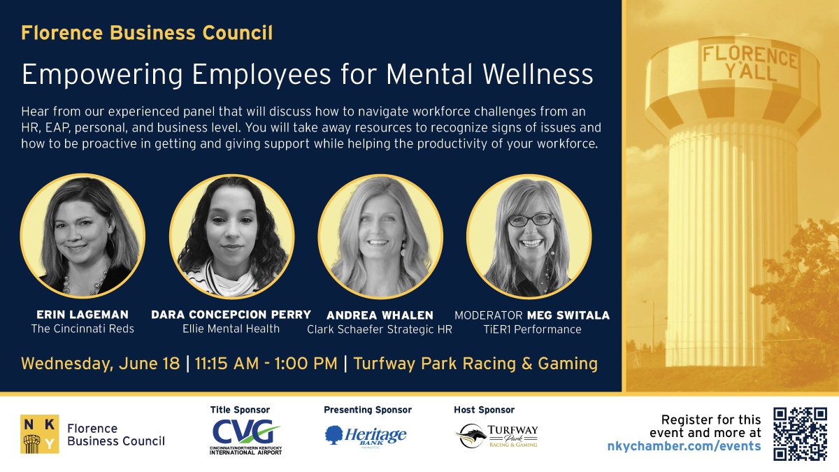🚨 Reminder! 🚨
The Florence Business Council meets this Wednesday, June 18 at the Turfway Park Event Center! Topic: Empowering Employees: Mental Wellness in the Workplace 
🔗 Register: ow.ly/ZVbI50W6xkE
#NKYChamber #FlorenceKY #WorkplaceWellness