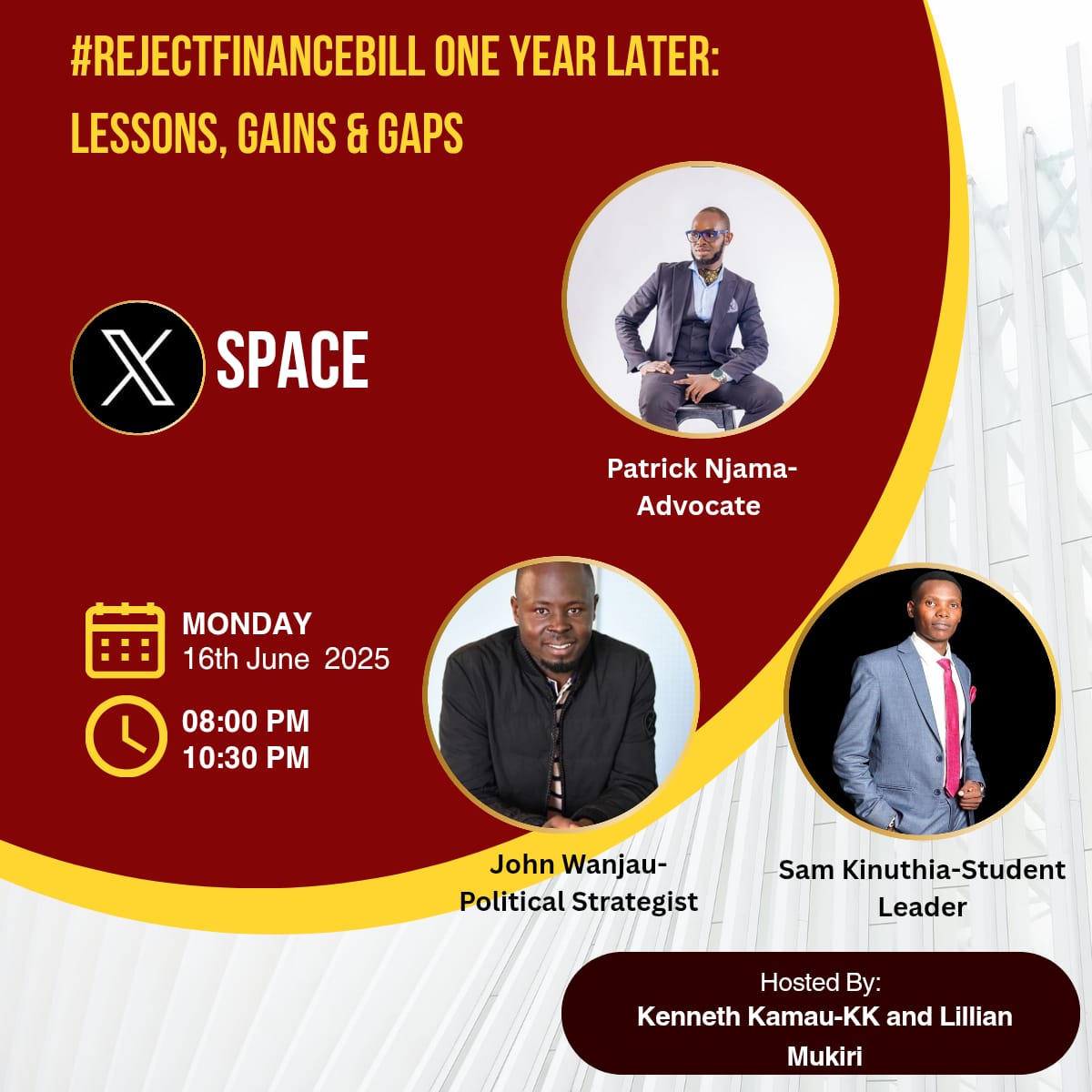 Tonight,we look back to the lessons,gaind and gaps in relation to the REJECTFINANCEBILL 2024.Lets engage..<a href="/Laikipia_1/">Kenneth Kamau-KK</a>