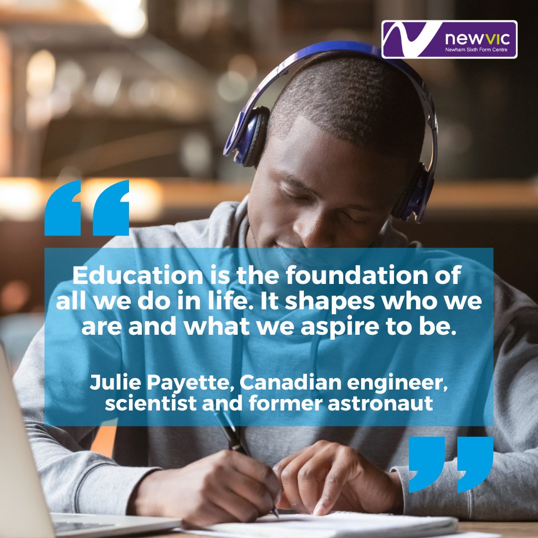 NewVIc quote of the week:

"Education is the foundation of all we do in life. It shapes who we are and what we aspire to be."

Julie Payette - Canadian engineer, scientist and former astronaut.

Keep striving and maintain your momentum, it'll be worth it!

#TogetherWeAreNewVIc