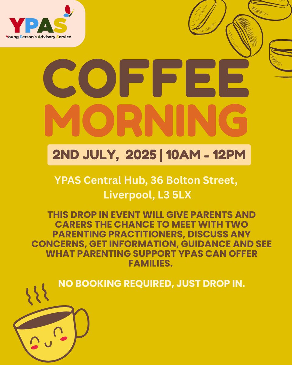 YPASLiverpool's tweet photo. Mark your calendars! 📅 

YPAS will be hosting a coffee morning at our Central Hub; this event will give parents the chance to chat with our parenting practitioners for advice and support.

#YPAS #parentalsupport #parentsliverpool https://t.co/VnvDeQGzPw