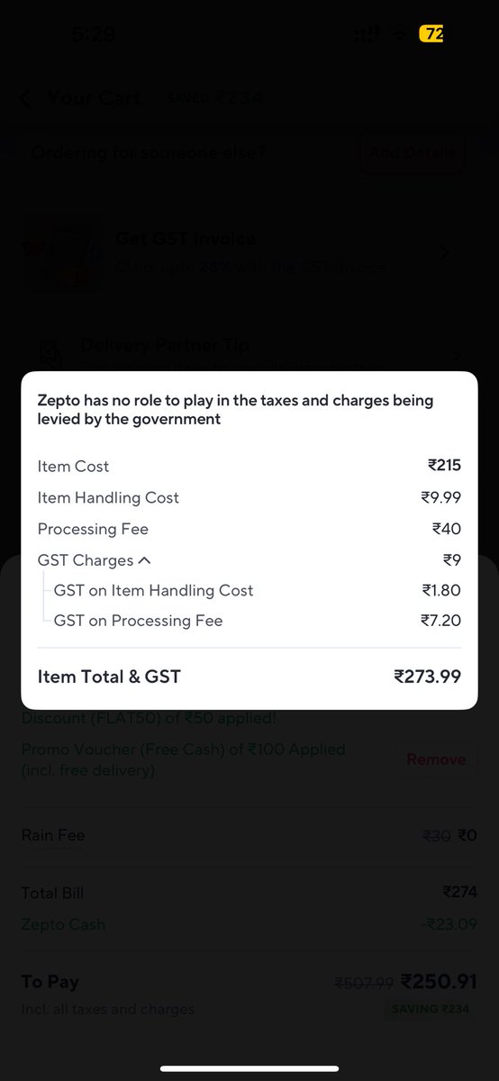 harshcasm's tweet photo. @zeptocares may I know why are you charging 50 Rs are various charges (excluding delivery charge) for orders? See screenshot. This amounts to 20% of the product cost! https://t.co/tJFahanU5w